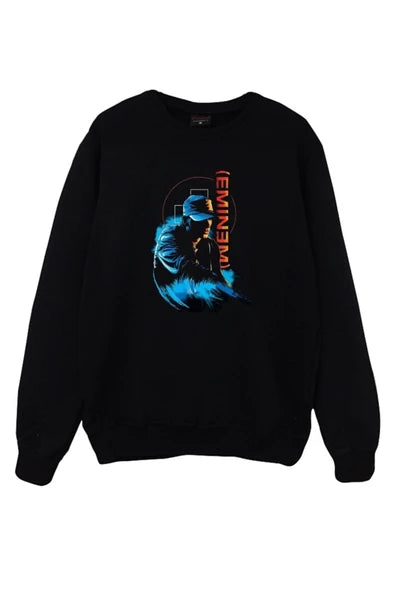 Eminem Mavi tonlu baskılı siyah sweatshirt