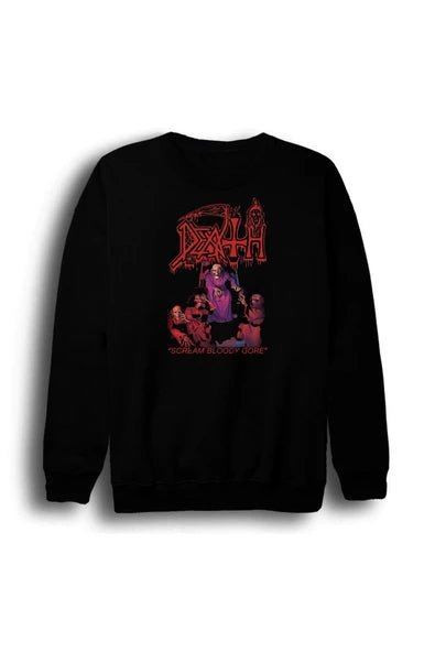 Death Kırmızı grup logosu baskılı siyah sweatshirt