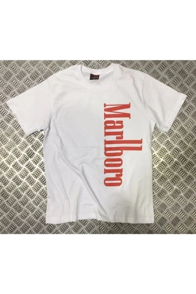 fame-stoned Marlboro Baskılı Unisex %100 Pamuk Beyaz T-shirt