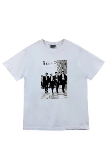 The Beatles Siyah-beyaz grup fotoğrafı baskılı beyaz tişört