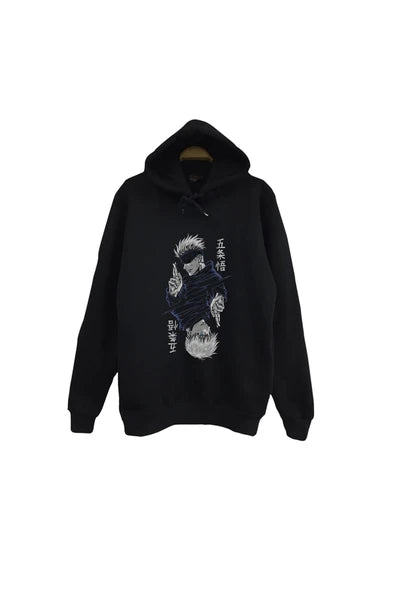 Jujutsu Kaisen Anime Karakter illüstrasyonu baskılı siyah kapüşonlu sweatshirt