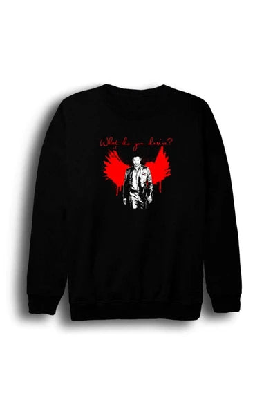 What Do You Desire Kırmızı kanatlı takım elbiseli baskılı siyah sweatshirt