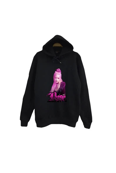 Rosé - BLACKPINK - K-Pop K-Pop - Rose portresi baskılı siyah kapüşonlu sweatshirt