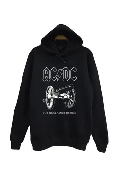 AC/DC baskılı siyah kapüşonlu sweatshirt