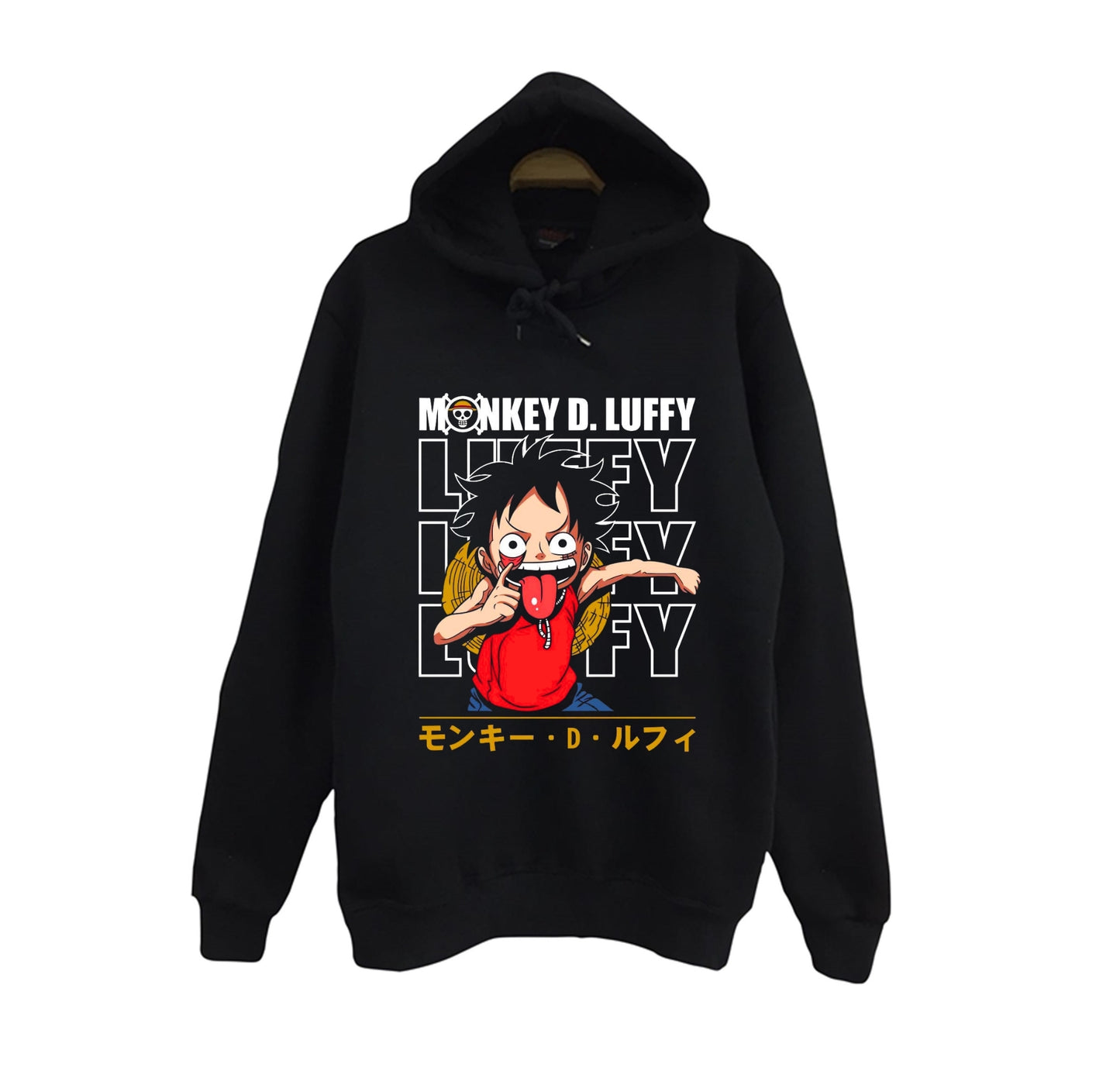 One Piece - Monkey D. Luffy - Anime Baskılı Unisex %100 Pamuk Siyah Kapüşonlu Sweatshirt