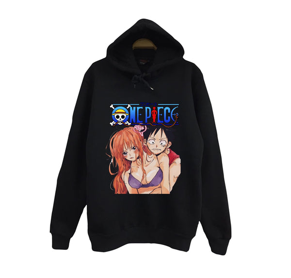 One Piece - Nami - Luffy - Nami x Luffy baskılı siyah kapüşonlu sweatshirt