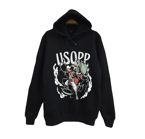 One Piece - Usopp sapanlı illüstrasyon baskılı siyah kapüşonlu sweatshirt