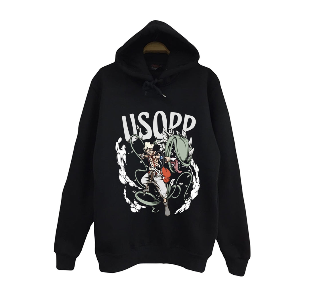 One Piece - Usopp sapanlı illüstrasyon baskılı siyah kapüşonlu sweatshirt