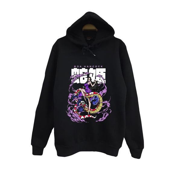 One Piece - Boa Hancock baskılı siyah kapüşonlu sweatshirt