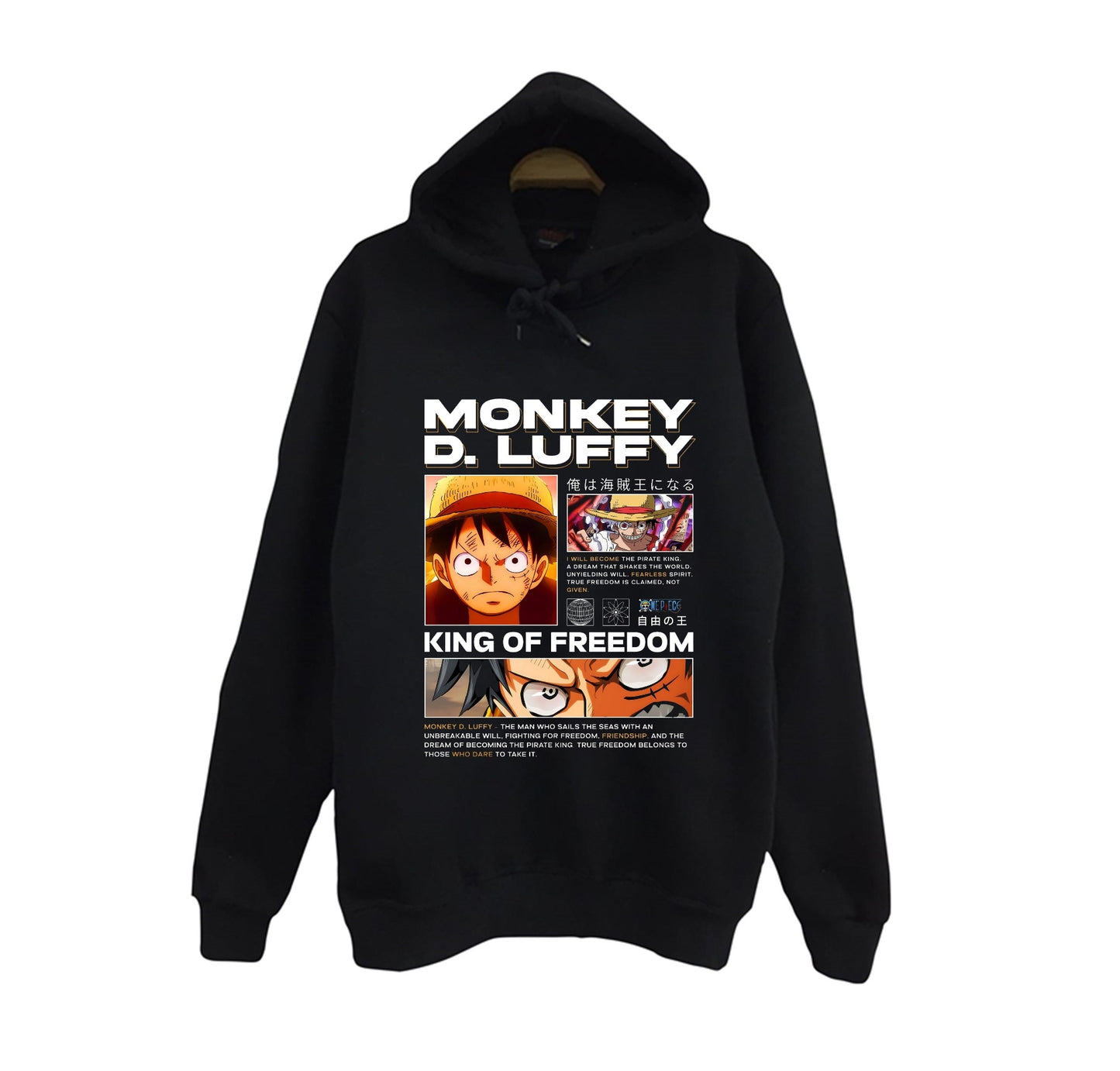 One Piece - Monkey D. Luffy - Anime Baskılı Unisex %100 Pamuk Siyah Kapüşonlu Sweatshirt