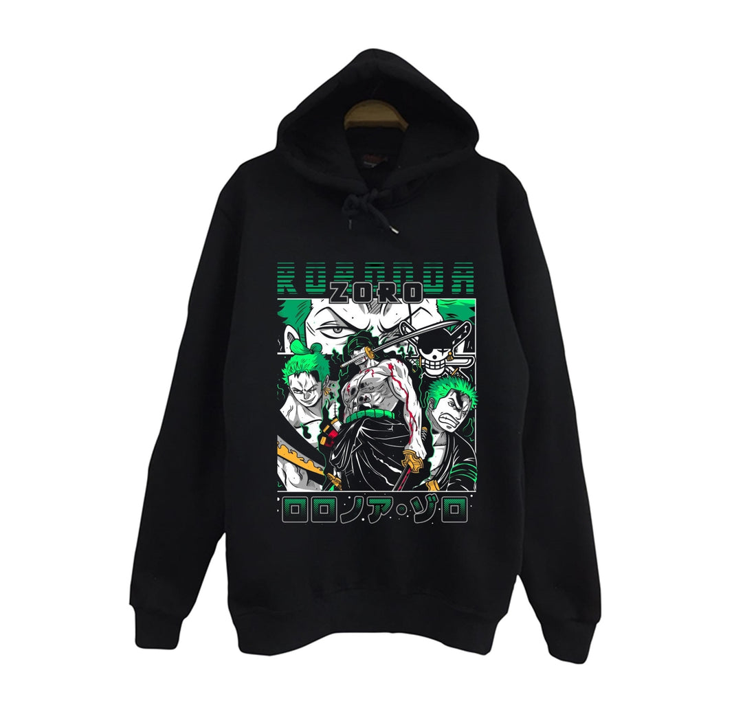One Piece - Ronoa Zoro Roronoa yeşil kolaj baskılı siyah kapüşonlu sweatshirt