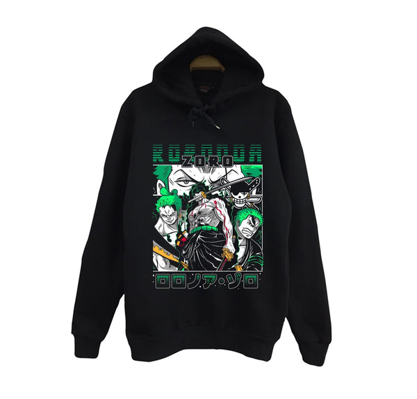 One Piece - Ronoa Zoro Roronoa yeşil kolaj baskılı siyah kapüşonlu sweatshirt