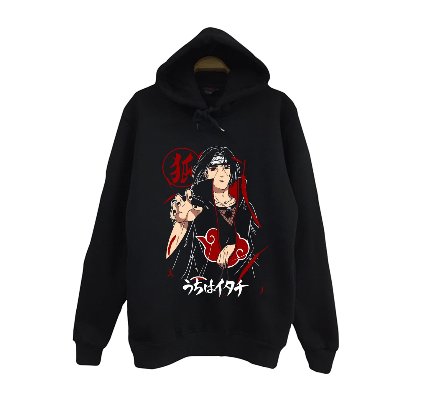 Naruto - Itachi Uchiha - Anime Baskılı Unisex %100 Pamuk Siyah Kapüşonlu Sweatshirt