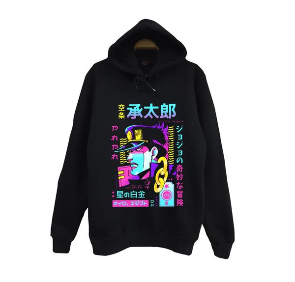 JoJo's Bizarre Adventure - Jotaro Kujo baskılı siyah kapüşonlu sweatshirt