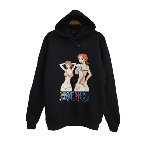 One Piece - Nami iki poz bikinili baskılı siyah kapüşonlu sweatshirt