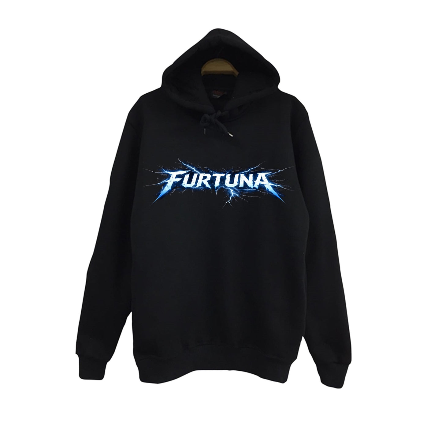 Furtuna - Şimşek Baskılı Unisex %100 Pamuk Kapüşonlu Siyah Sweatshirt