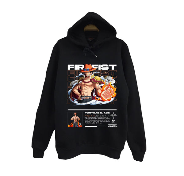 One Piece - Portgas D. Ace Fire baskılı siyah kapüşonlu sweatshirt