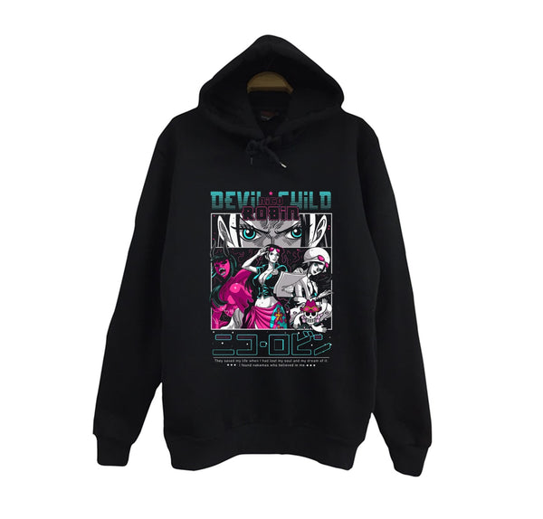 One Piece - Nico Robin - Devild Child baskılı siyah kapüşonlu sweatshirt