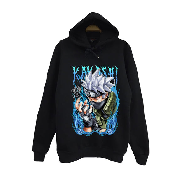 Naruto - Kakashi Hatake mavi baskılı siyah kapüşonlu sweatshirt
