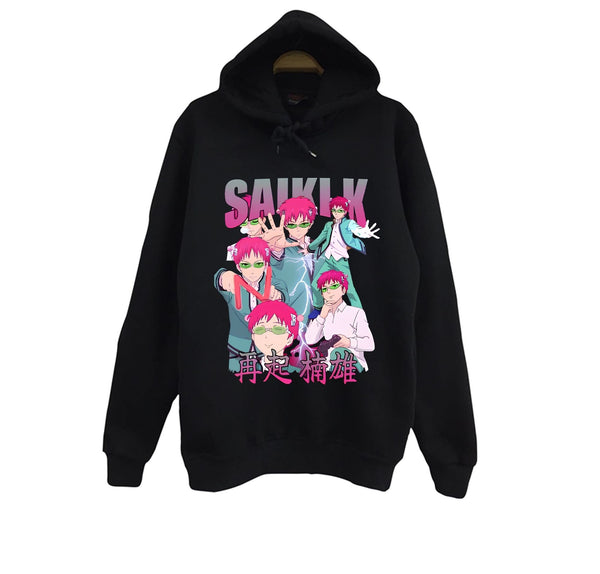 Saiki Kusuo - no Ψ Nan baskılı siyah kapüşonlu sweatshirt