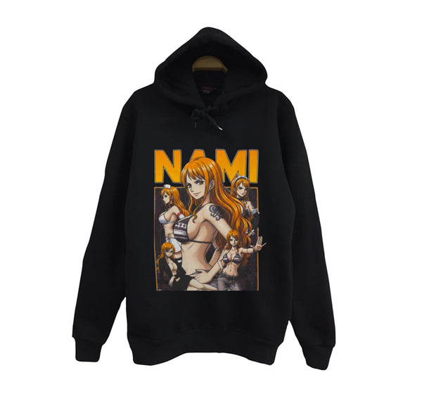 One Piece - Nami vintage poster kolajı baskılı siyah kapüşonlu sweatshirt