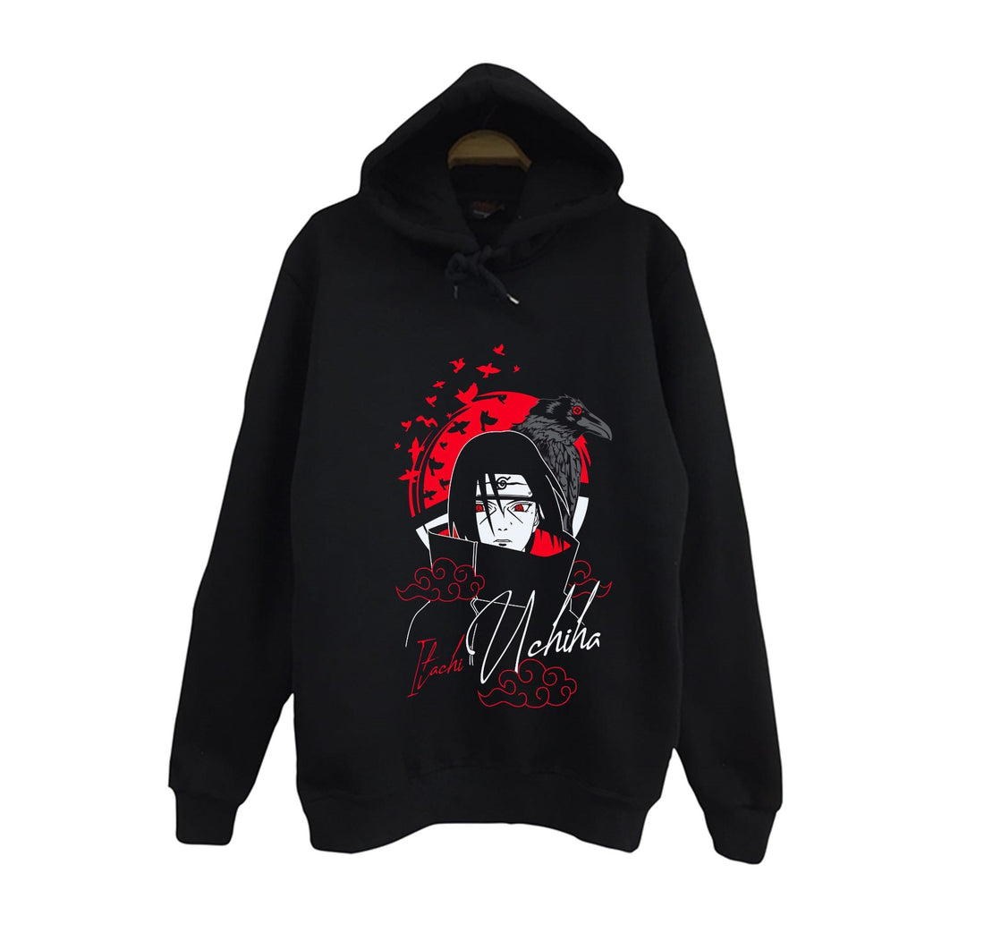 Naruto - Itachi Uchiha karga baskılı siyah kapüşonlu sweatshirt