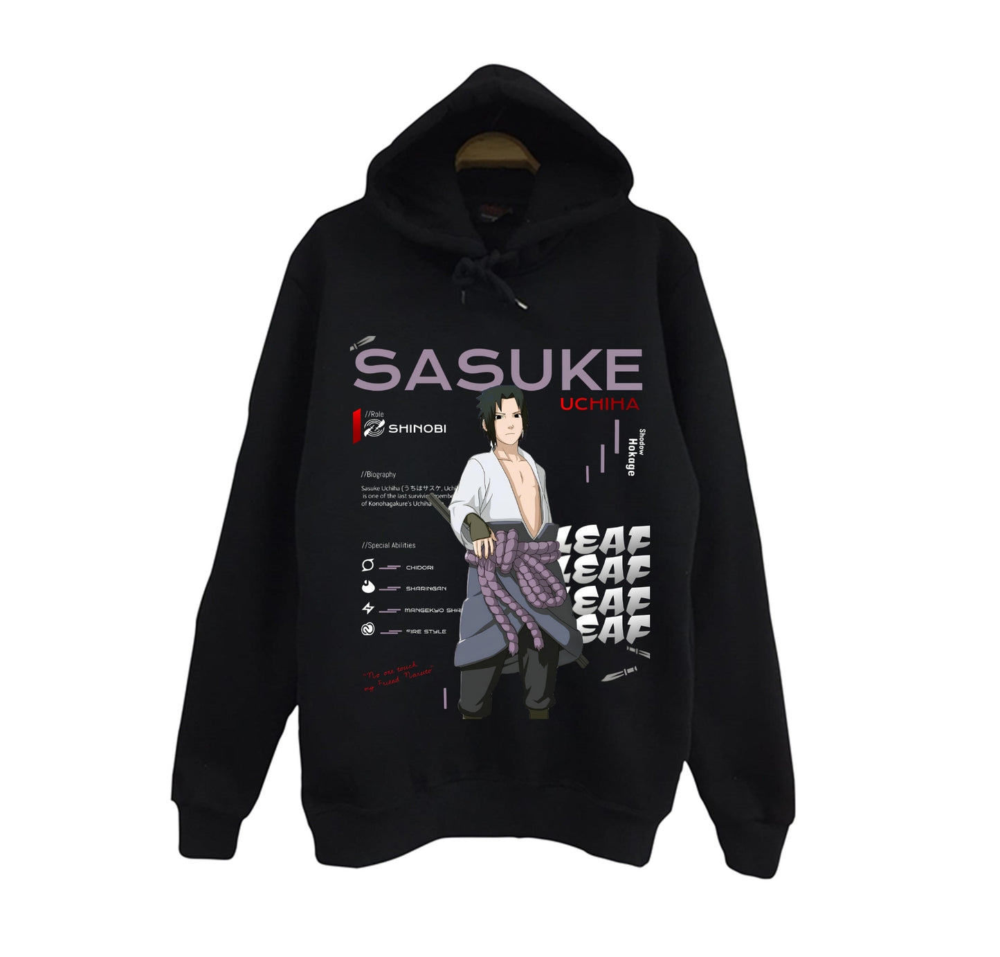 Naruto - Sasuke Uchiha - Anime Baskılı Unisex %100 Pamuk Siyah Kapüşonlu Sweatshirt