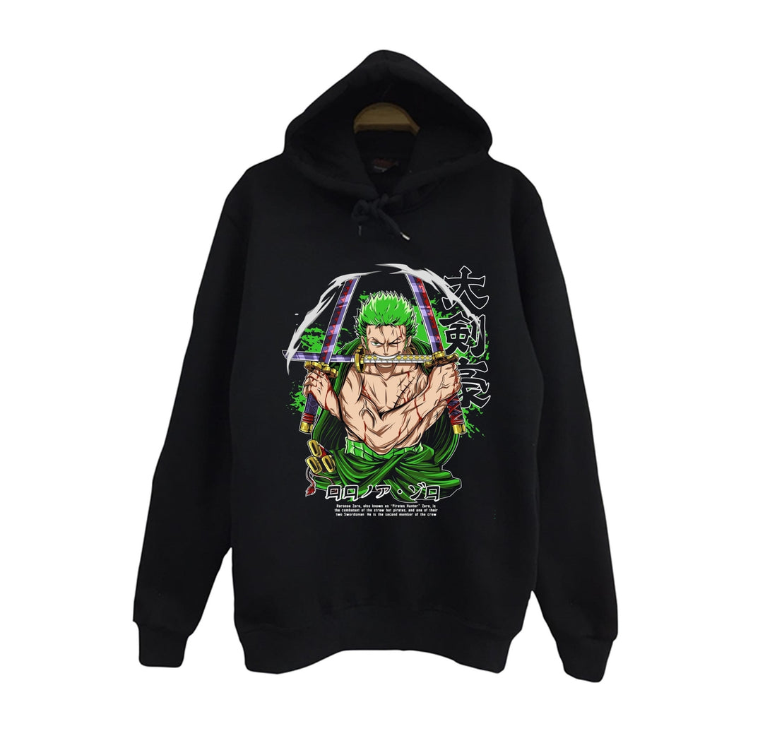One Piece - Ronoa Zoro Roronoa üç kılıçlı baskılı siyah kapüşonlu sweatshirt