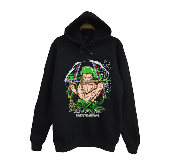 One Piece - Ronoa Zoro Roronoa üç kılıçlı baskılı siyah kapüşonlu sweatshirt
