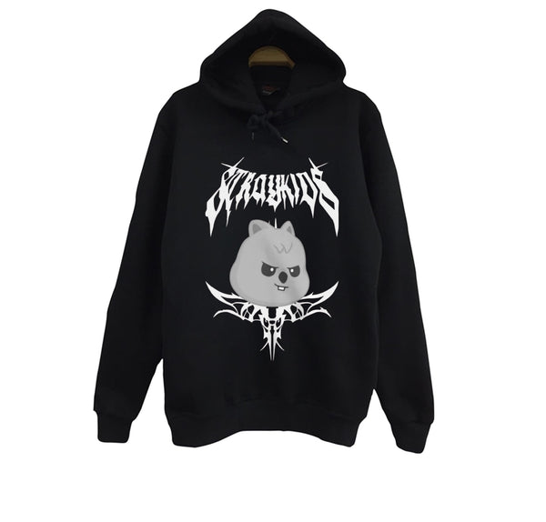 Stray Kids Skzoo Han Quokka Karakter baskılı siyah kapüşonlu sweatshirt