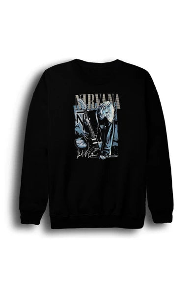 fame-stoned Nirvana - Kurt Cobain Baskılı Unisex %100 Pamuk Siyah Bisiklet Yaka Sweatshirt