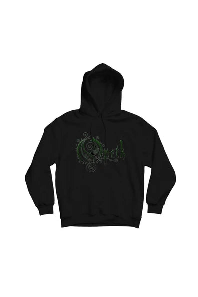 Opeth Yeşil süslü grup logosu baskılı siyah kapüşonlu sweatshirt