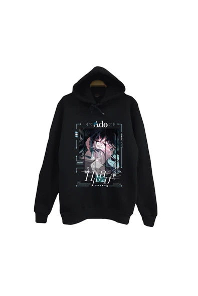 fame-stoned Ado Japon - K-Pop - Rock - Müzik Baskılı Unisex %100 Pamuk Kapüşonlu Siyah Sweatshirt