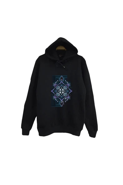 Motif - Halı - Dokuma Simetrik geometrik baskılı siyah kapüşonlu sweatshirt