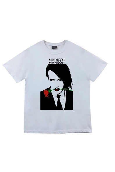 fame-stoned Marilyn Manson Baskılı Unisex %100 Pamuk Beyaz T-shirt