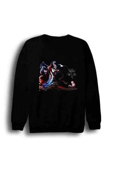 Pink Floyd Kırmızı-mavi renkli soyut duman/akış baskılı siyah sweatshirt