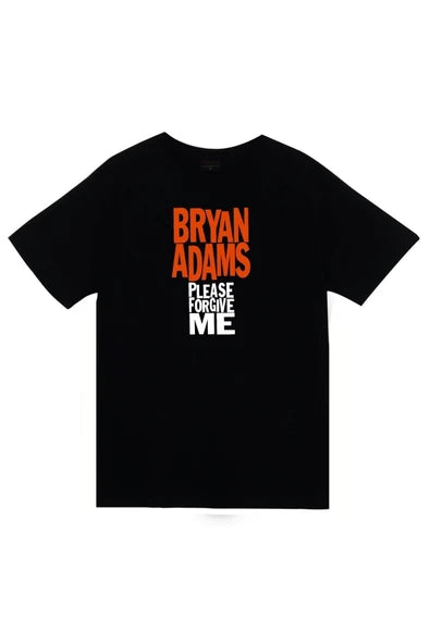 Bryan Adams Please Forgive Me' tipografik baskılı siyah tişört