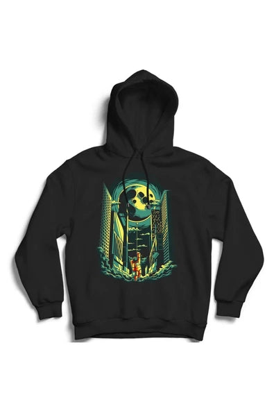 Mars Ve Astronot Yeşil tonlu kuru kafa baskılı siyah kapüşonlu sweatshirt