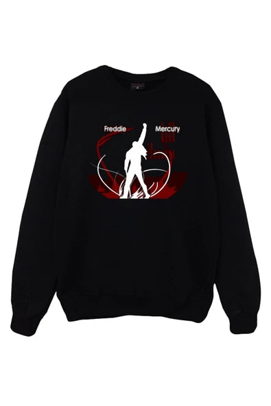Queen Freddie Mercury beyaz silüeti baskılı siyah sweatshirt