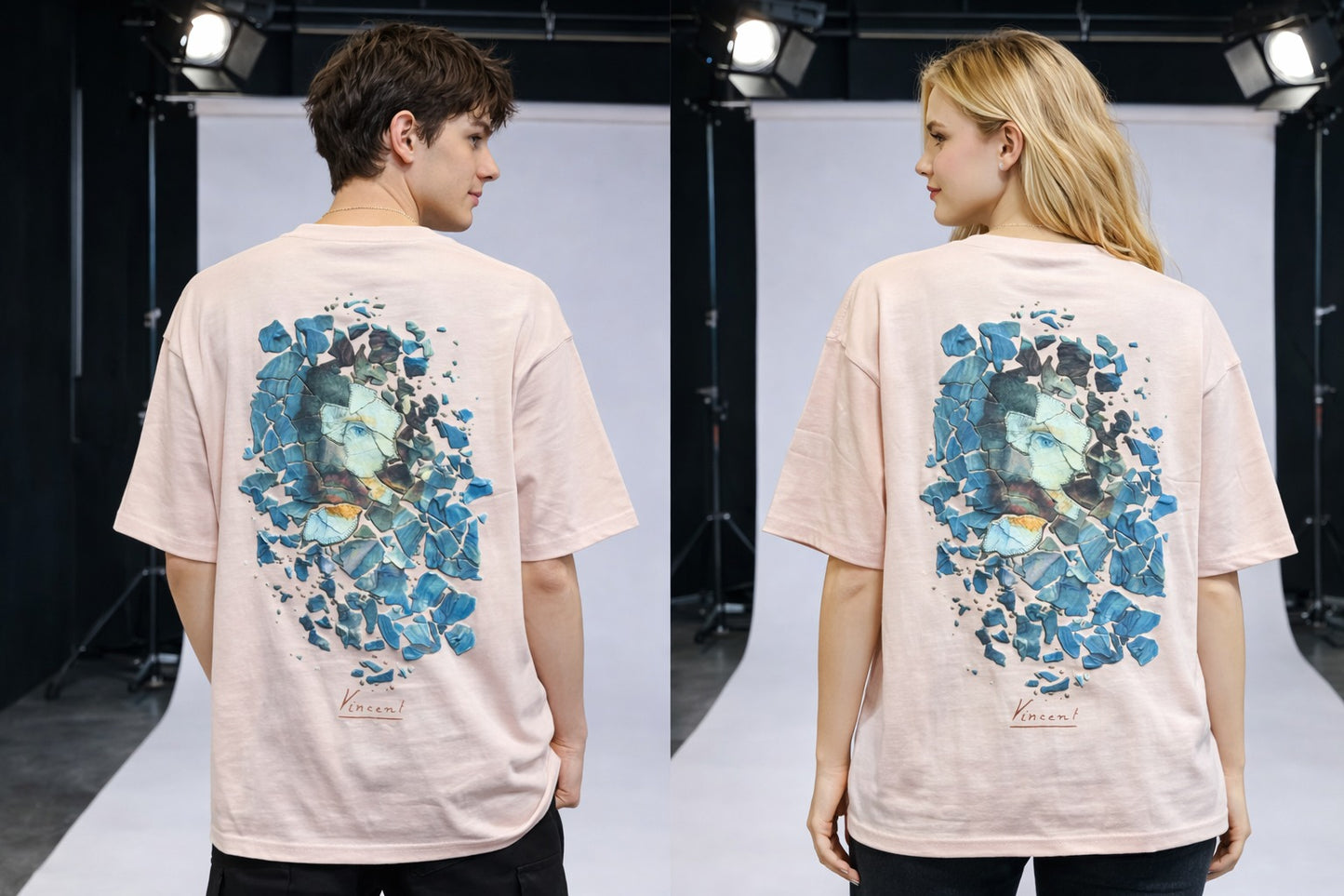 Vincent Van Gogh Sol Logo - Sırt Baskılı, Nakışlı Unisex %100 Pamuk Oversize T-shirt