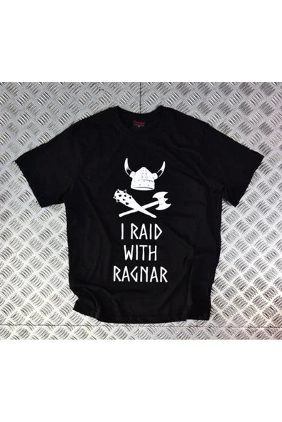fame-stoned Vikings Baskılı Unisex %100 Pamuk Siyah T-shirt