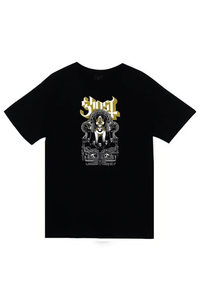 Ghost Logosu ve maskeli figür baskılı siyah tişört