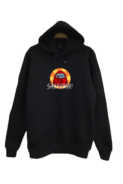Among Us Oyun Kırmızı karakteri ve 'SHHHHHH! baskılı siyah kapüşonlu sweatshirt