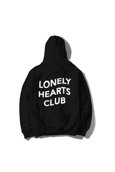 Lonely Hearts Club Arka baskılı siyah kapüşonlu sweatshirt