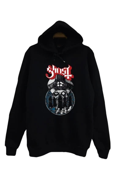 Ghost Kırmızı logo ve daire baskılı siyah kapüşonlu sweatshirt