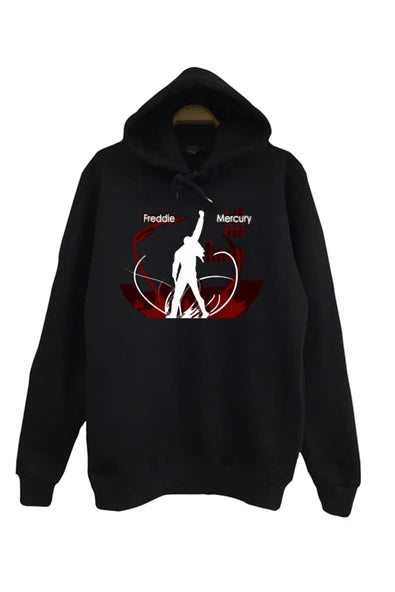Queen Freddie Mercury beyaz silüeti baskılı siyah kapüşonlu sweatshirt
