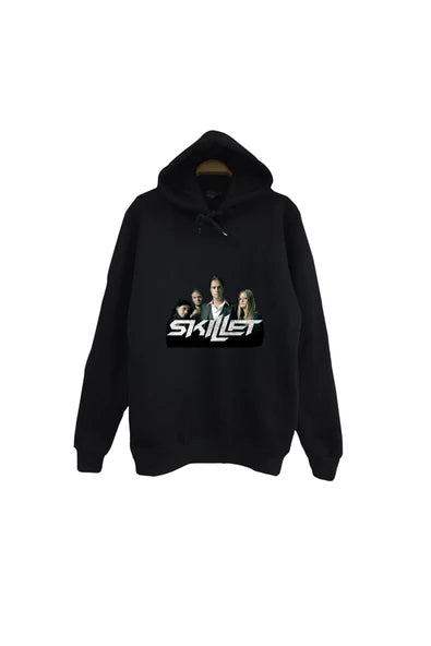 Skillet - Rock Grubu Logosu ve grup fotoğrafı baskılı siyah kapüşonlu sweatshirt
