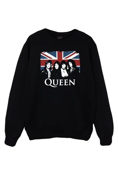 Queen Fotoğrafı ve Union Jack baskılı siyah sweatshirt