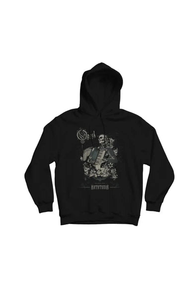 Opeth Tufekli iskelet illüstrasyonu baskılı siyah kapüşonlu sweatshirt
