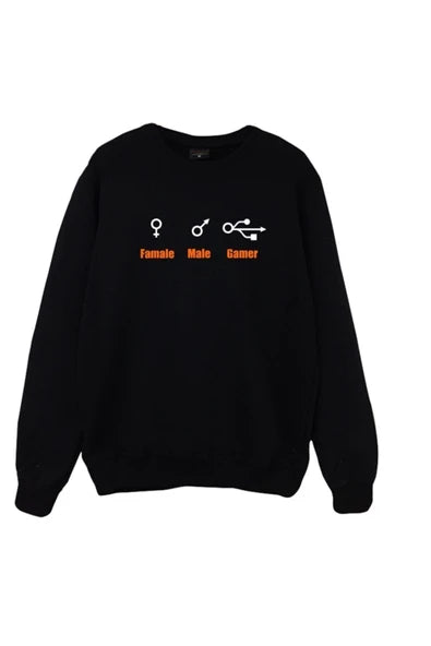 Famale Male Gamer baskılı siyah sweatshirt